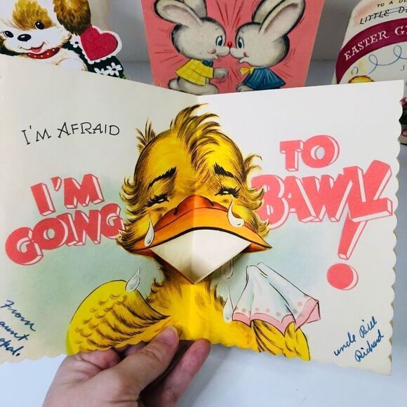 vintage 60s greeting cards lot of 4 duck bunny dog feathers and glitter crafts - Picture 3 of 9